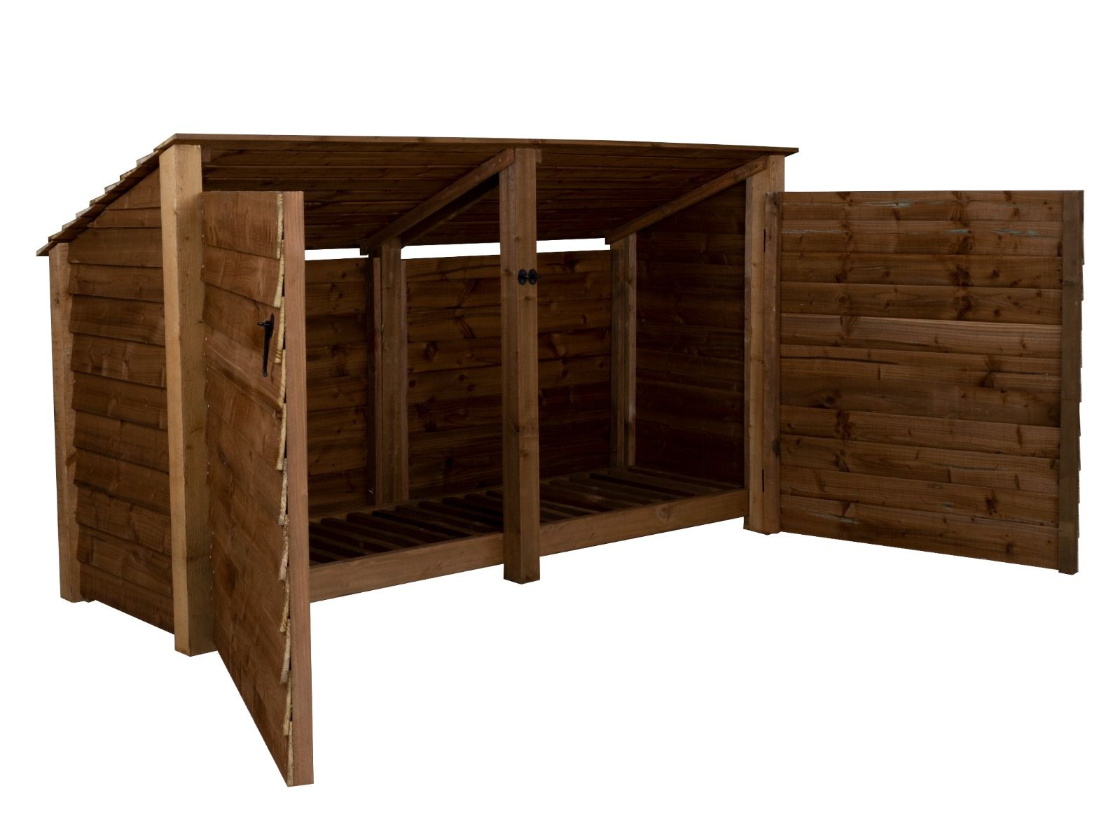 Wooden Log Store (Roof Sloping Back) with Doors W-227cm, H-126cm or 180cm, D-88cm - Brown Finish