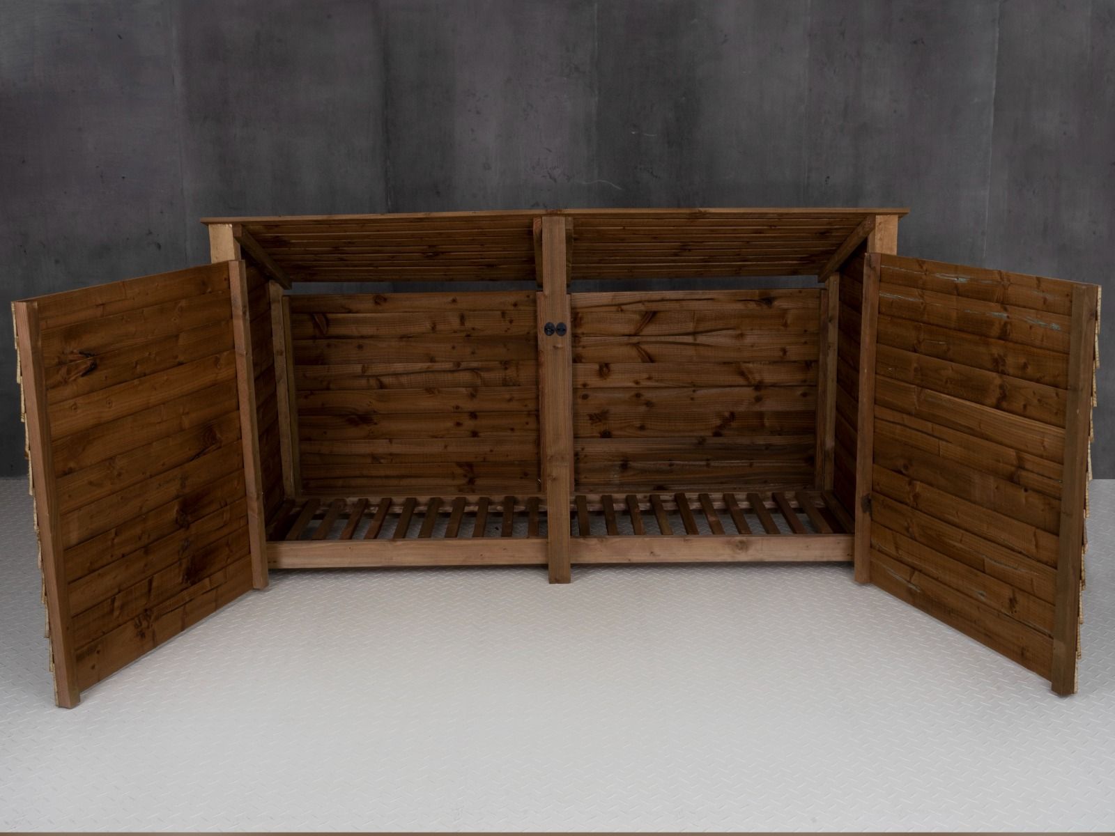 Wooden Log Store (Roof Sloping Back) with Doors W-227cm, H-126cm or 180cm, D-88cm - Brown Finish