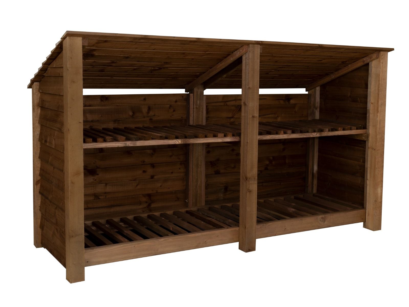 Wooden Log Store (Roof Sloping Back) with Shelf W-227cm, H-126cm or 180cm, D-88cm - Brown Finish