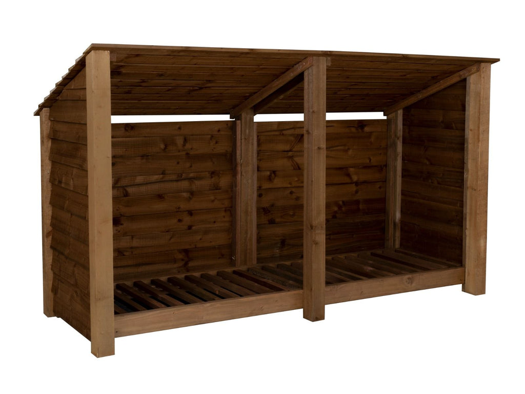 Wooden Log Store (Roof Sloping Back) W-227cm, H-126cm or 180cm, D-88cm - Brown Finish