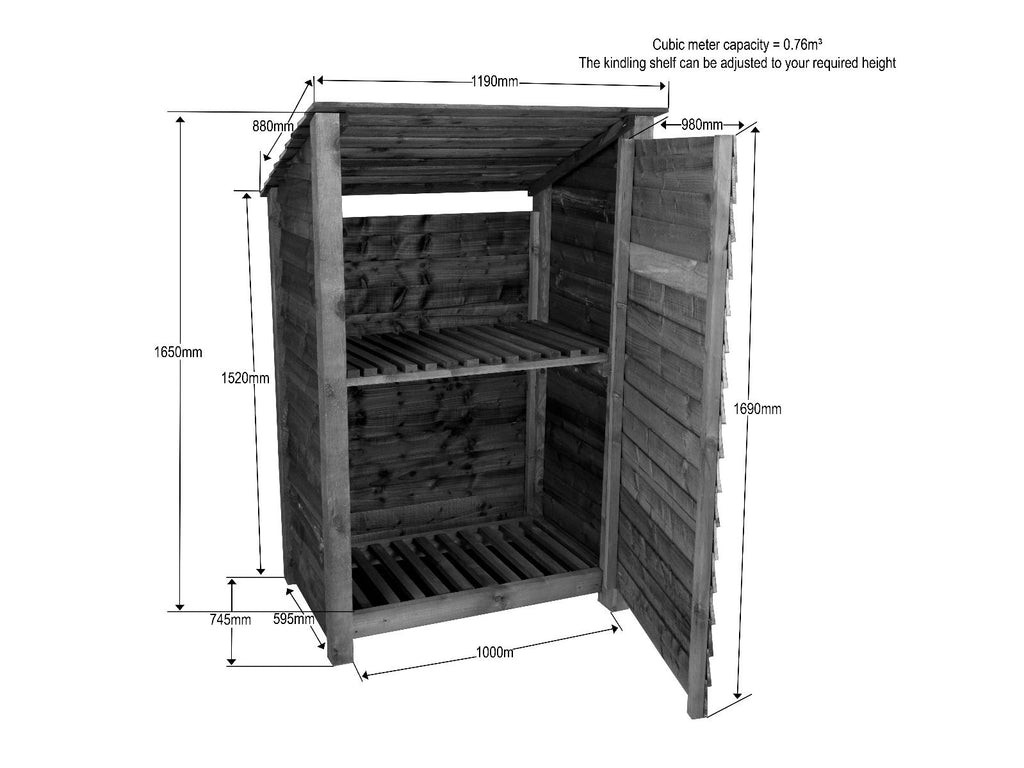 Wooden Log Store (Roof Sloping Back) with Door and Shelf W-119cm, H-126cm or 180cm, D-88cm - Brown Finish