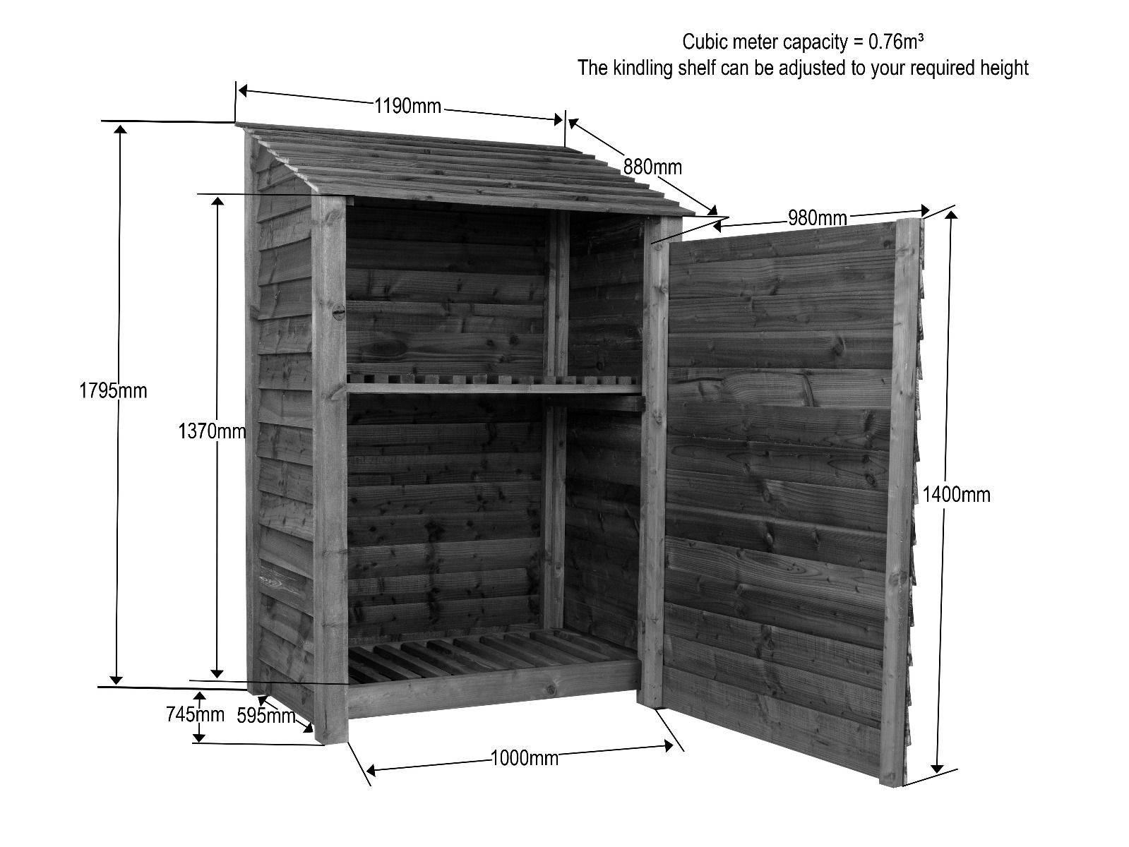 Wooden Log Store with Door and Shelf W-119cm, H-126cm or 180cm, D-88cm - Brown Finish