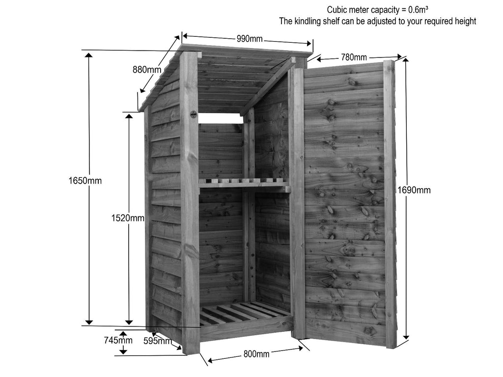 Wooden Garden Tool Storage with Shelf (Roof Sloping Back) W-99cm, H-126cm or 180cm, D-88cm - Brown Finish