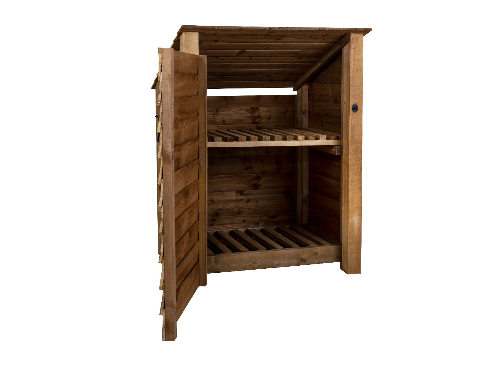 Wooden Log Store with Door and Shelf (Roof Sloping Back) W-99cm, H-126cm Or 180cm, D-88cm - Brown Finish