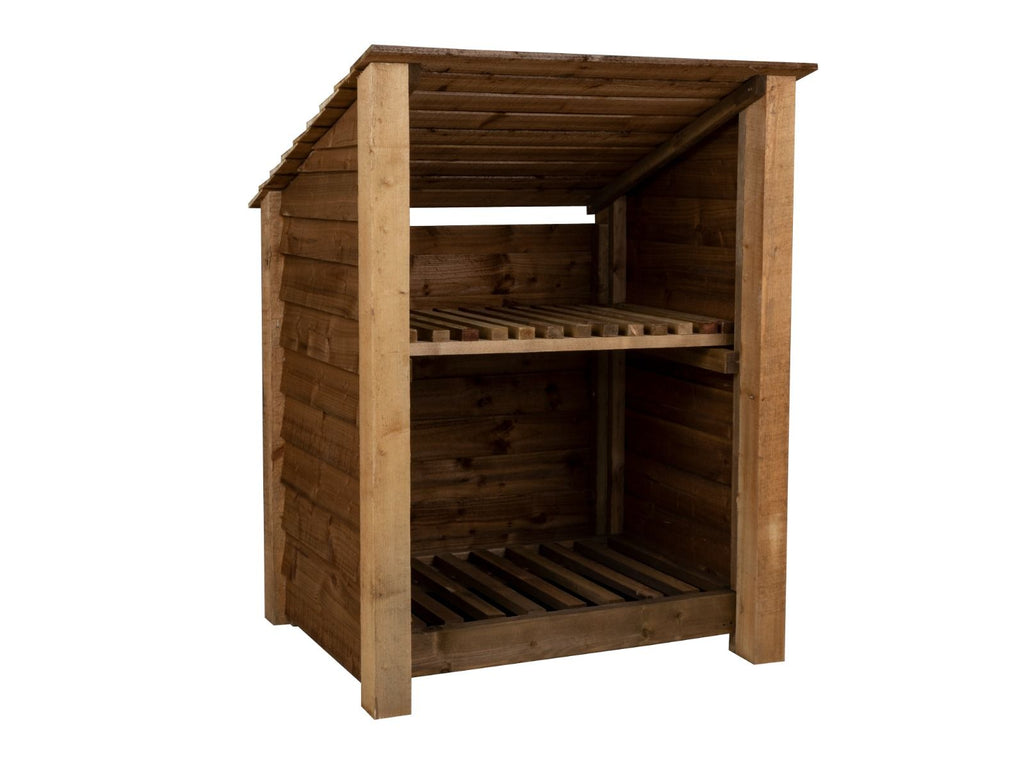 Wooden Log Store with Shelf (Roof Sloping Back) W-99cm, H-126cm Or 180cm, D-88cm - Brown Finish