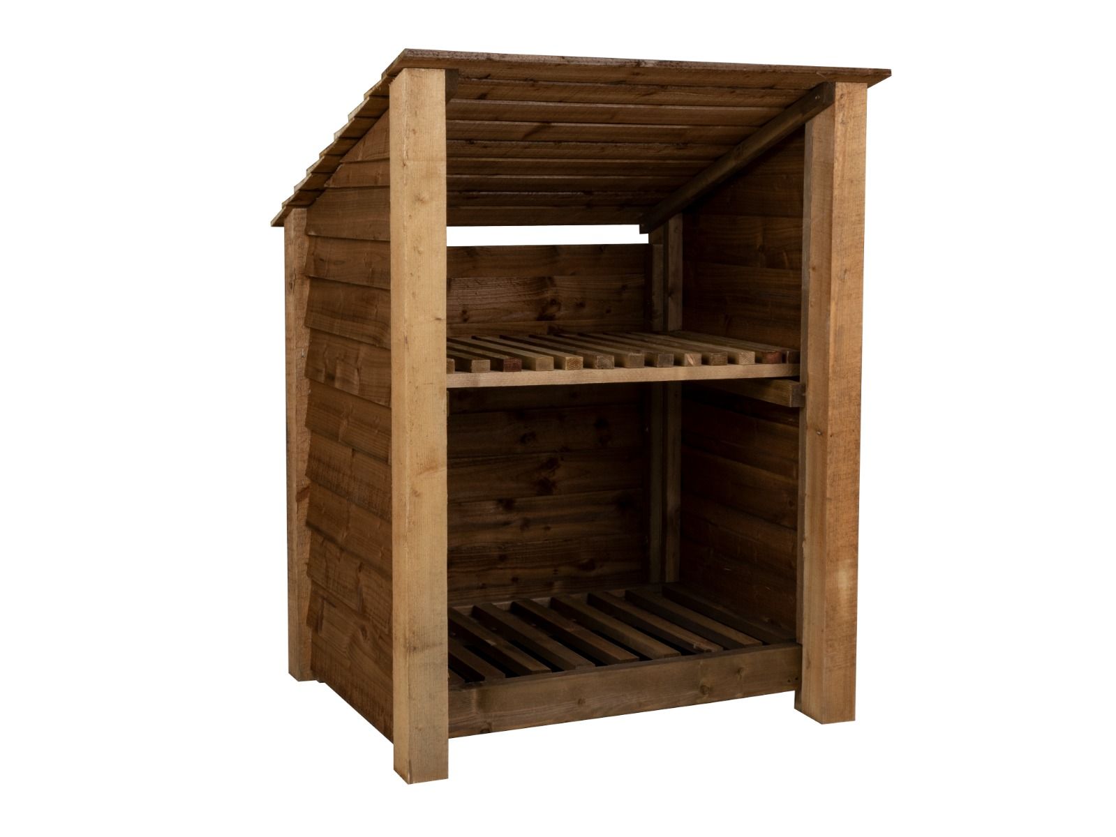 Wooden Log Store with Shelf (Roof Sloping Back) W-99cm, H-126cm Or 180cm, D-88cm - Brown Finish