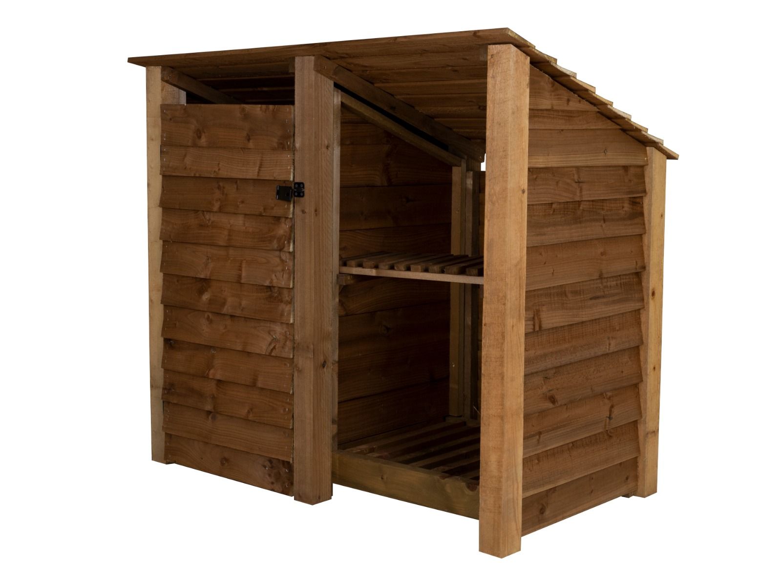 Wooden Garden Tool Storage (Roof Sloping Back) with Shelf W-146cm, H-126cm or 180cm, D-88cm - Brown Finish
