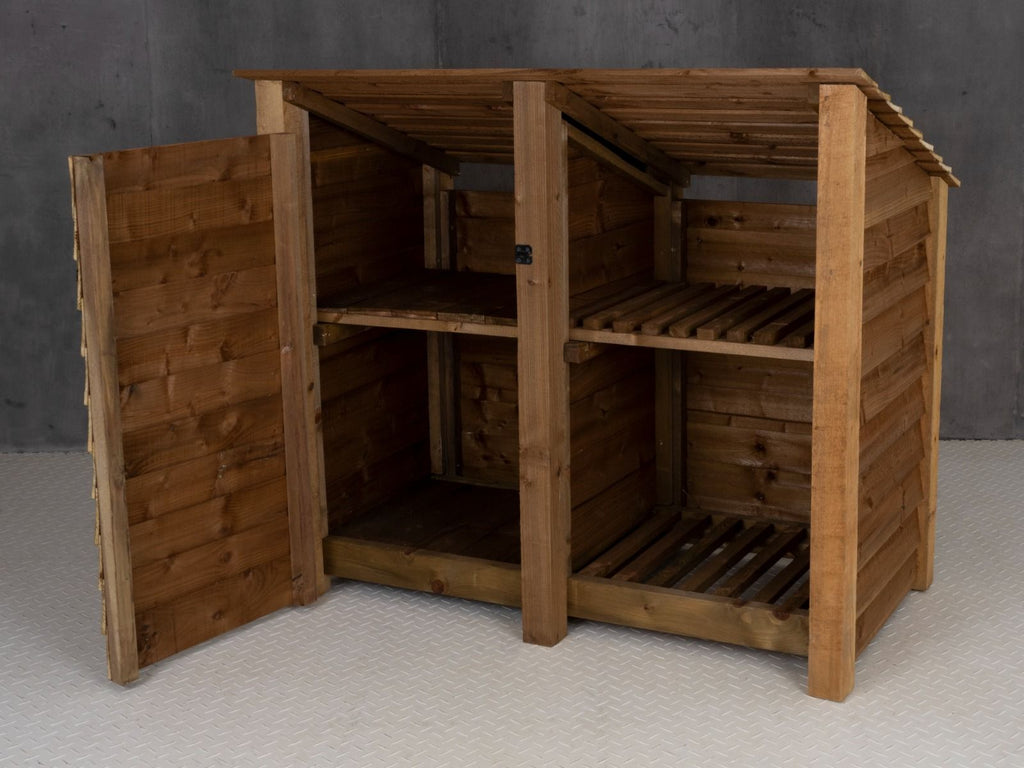 Wooden Garden Tool Storage (Roof Sloping Back) with Shelf W-146cm, H-126cm or 180cm, D-88cm - Brown Finish