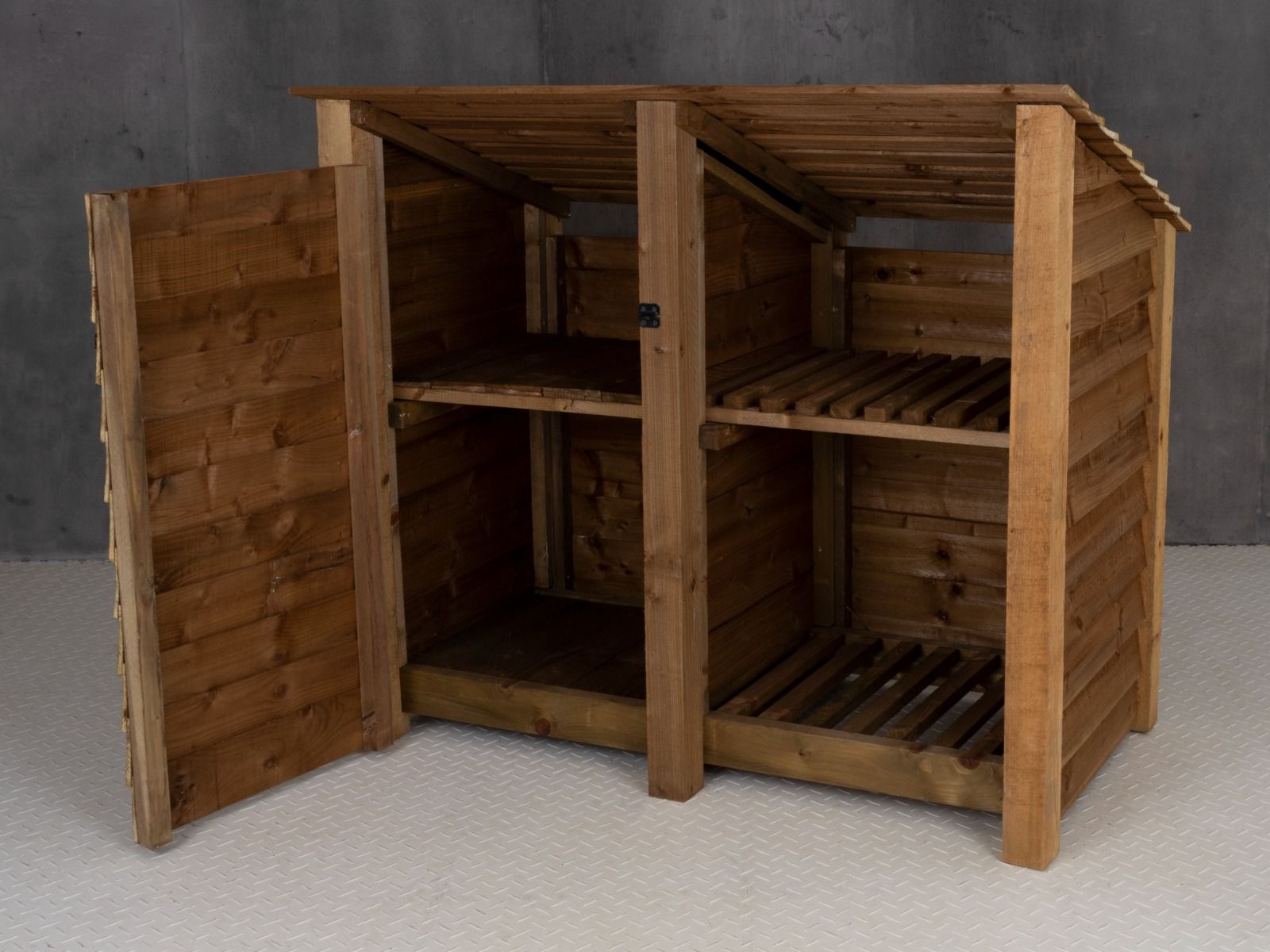 Wooden Garden Tool Storage (Roof Sloping Back) with Shelf W-146cm, H-126cm or 180cm, D-88cm - Brown Finish