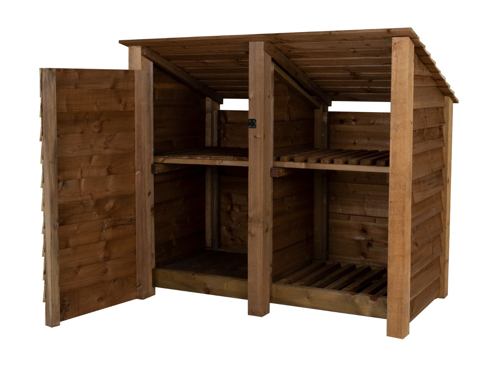 Wooden Garden Tool Storage (Roof Sloping Back) with Shelf W-146cm, H-126cm or 180cm, D-88cm - Brown Finish