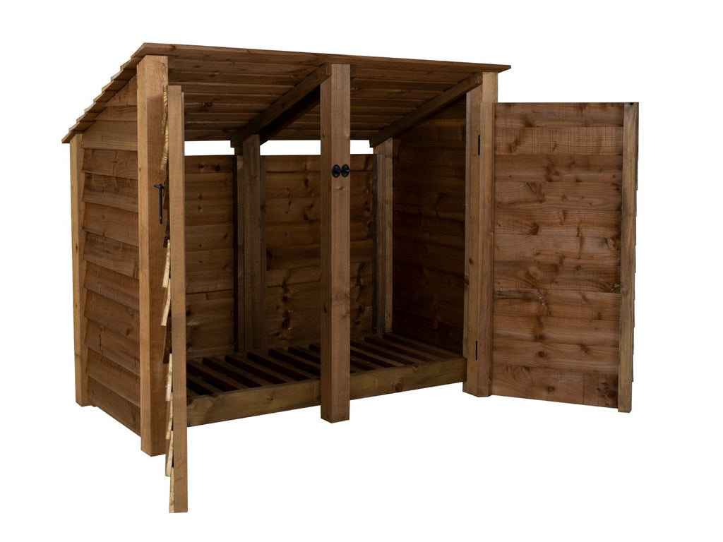 Wooden Log Store (Roof Sloping Back) with Door W-146cm, H-126cm or 180cm, D-88cm - Brown Finish
