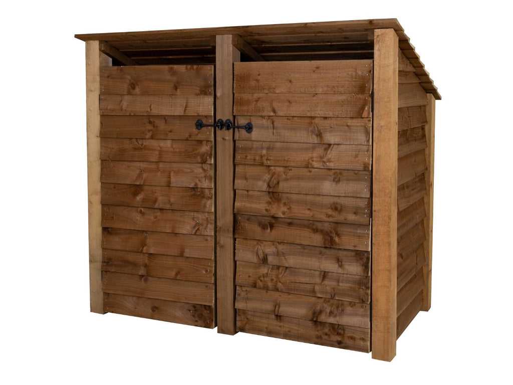 Wooden Log Store (Roof Sloping Back) with Door and Shelf W-146cm, H-126cm or 180cm, D-88cm - Brown Finish