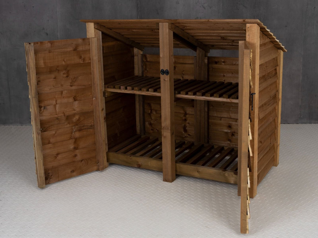 Wooden Log Store (Roof Sloping Back) with Door and Shelf W-146cm, H-126cm or 180cm, D-88cm - Brown Finish