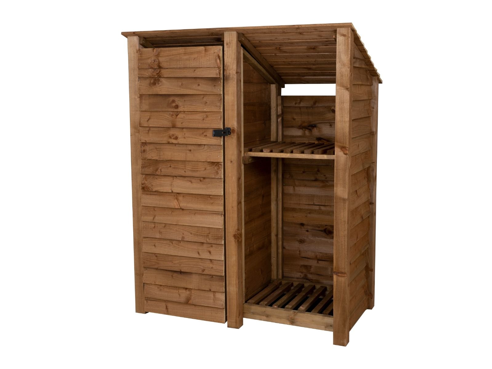 Wooden Garden Tool Storage (Roof Sloping Back) with Shelf W-146cm, H-126cm or 180cm, D-88cm - Brown Finish