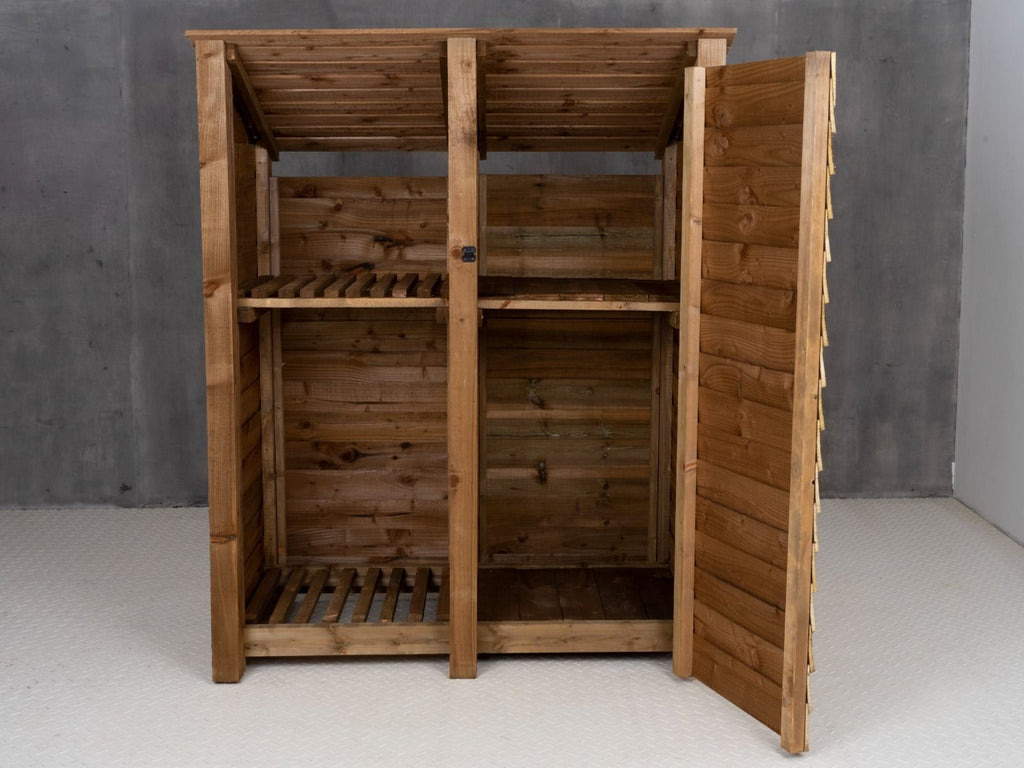 Wooden Garden Tool Storage (Roof Sloping Back) with Shelf W-146cm, H-126cm or 180cm, D-88cm - Brown Finish