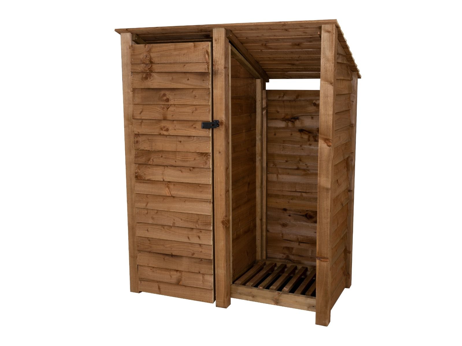 Wooden Garden Tool Storage (Roof Sloping Back) W-146cm, H-126cm or 180cm, D-88cm - Brown Finish