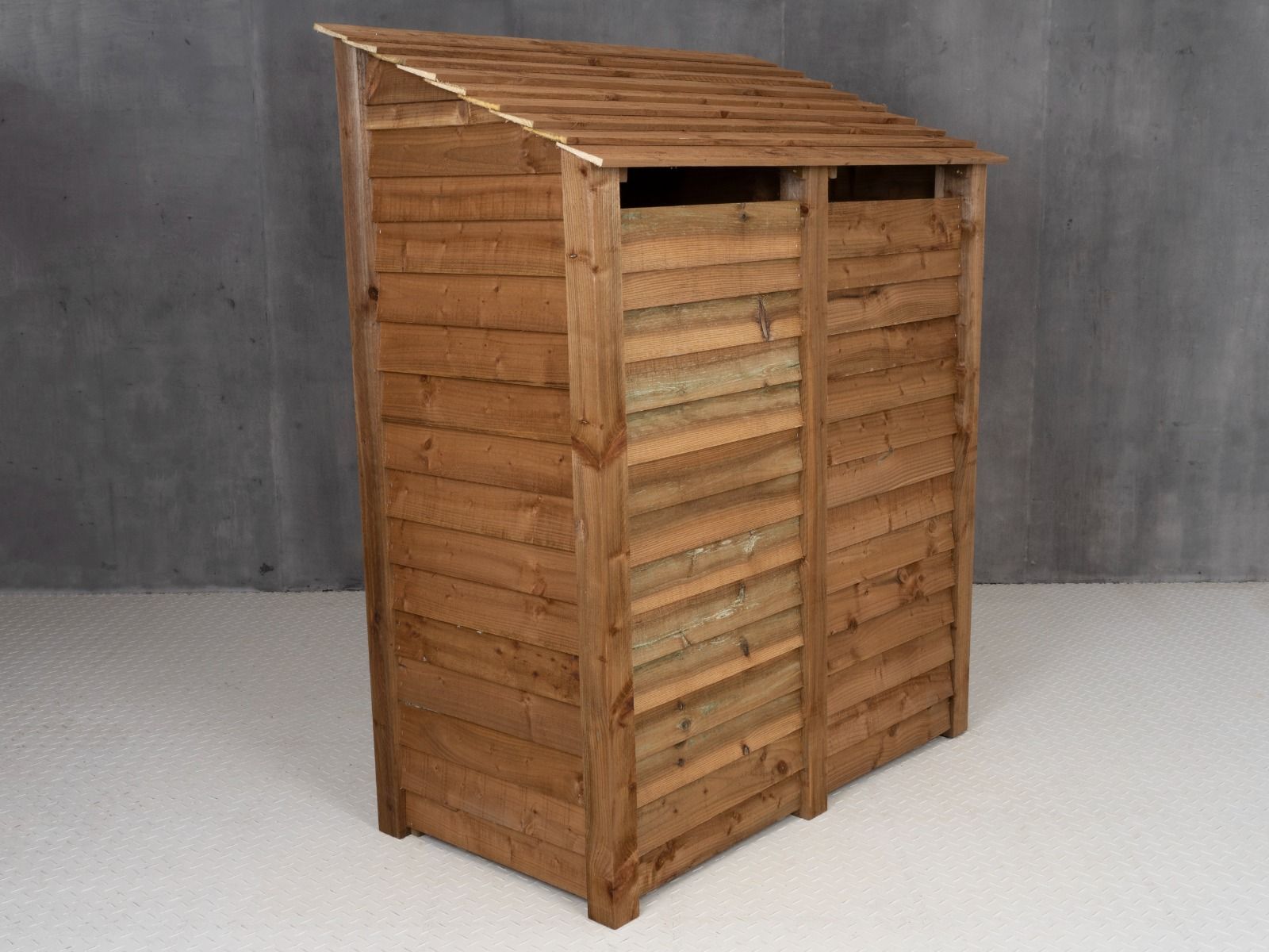 Wooden Log Store (Roof Sloping Back) with Door and Shelf W-146cm, H-126cm or 180cm, D-88cm - Brown Finish
