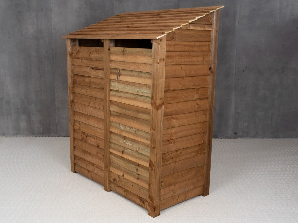 Wooden Garden Tool Storage (Roof Sloping Back) with Shelf W-146cm, H-126cm or 180cm, D-88cm - Brown Finish