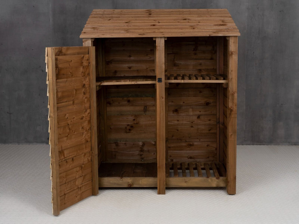 Wooden Garden Tool Storage with Shelf W-146cm, H-126cm or 180cm, D-88cm - Brown Finish