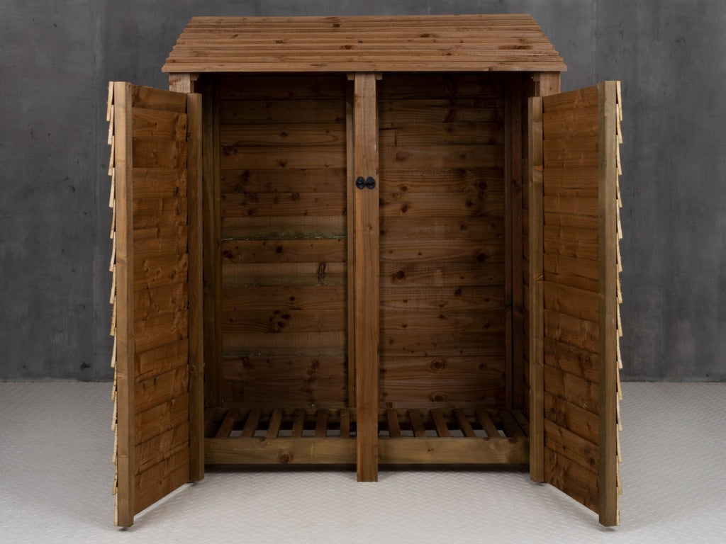 Wooden Log Store with Door W-146cm, H-126cm or 180cm, D-88cm - Brown Finish