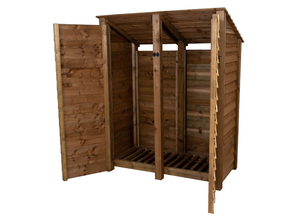 Wooden Log Store (Roof Sloping Back) with Door W-146cm, H-126cm or 180cm, D-88cm - Brown Finish
