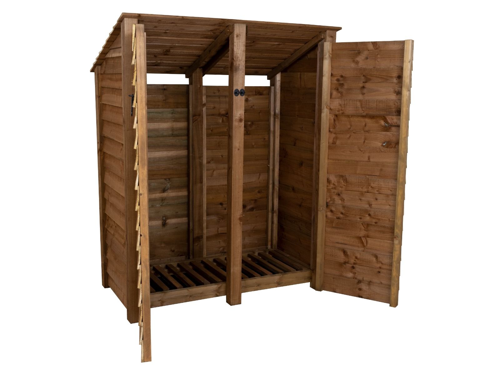 Wooden Log Store (Roof Sloping Back) with Door W-146cm, H-126cm or 180cm, D-88cm - Brown Finish