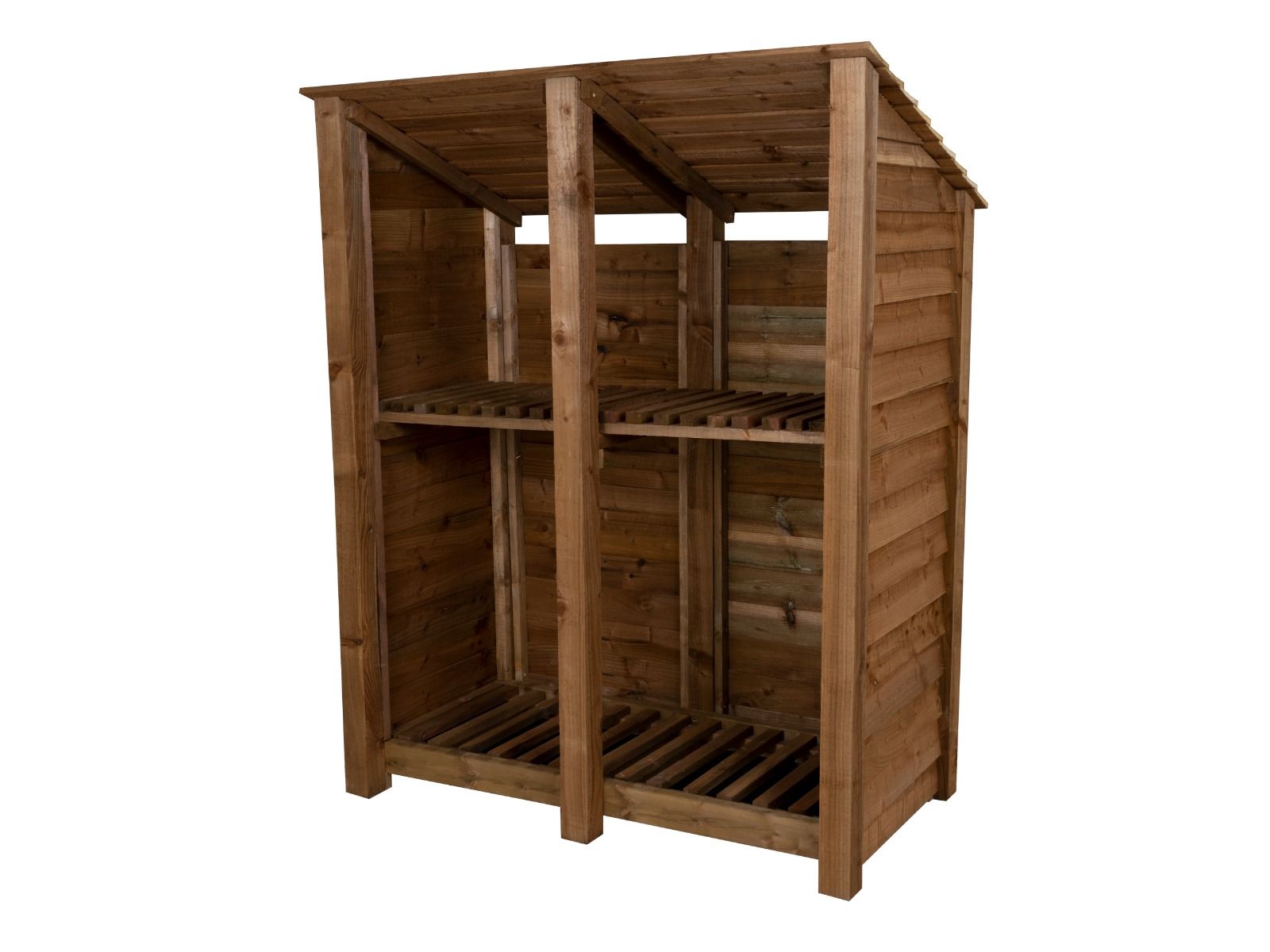 Wooden Log Store (Roof Sloping Back) with Shelf W-146cm, H-126cm or 180cm, D-88cm - Brown Finish