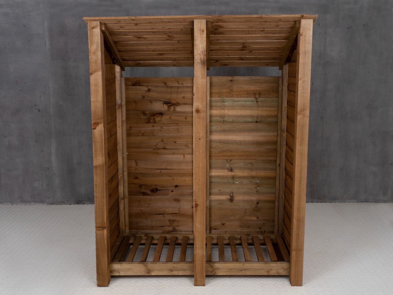 Wooden Log Store (Roof Sloping Back) W-146cm, H-126cm or 180cm, D-88cm - Brown Finish