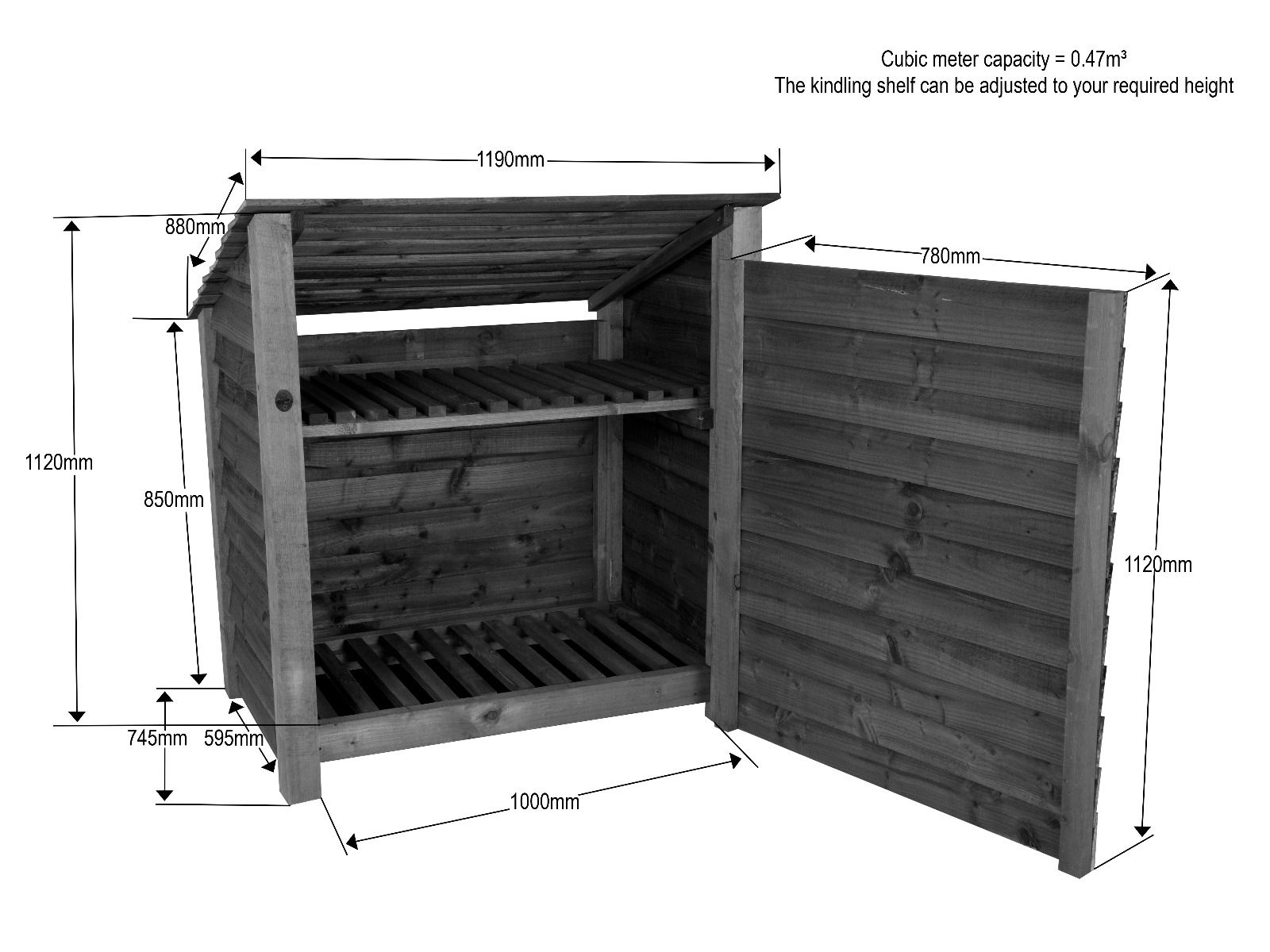 Wooden Log Store (Roof Sloping Back) with Door and Shelf W-119cm, H-126cm or 180cm, D-88cm - Brown Finish