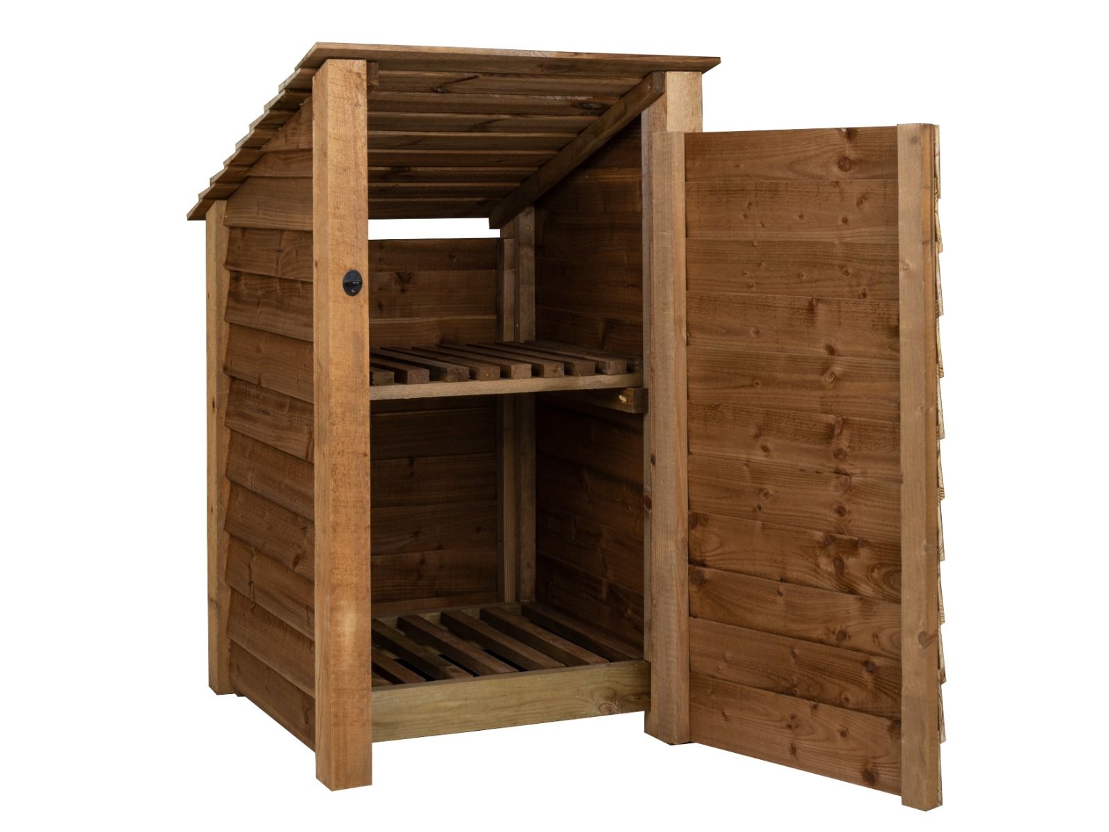 Wooden Log Store with Door and Shelf (Roof Sloping Back) W-79cm, H-126cm or 180cm, D-88cm - Brown Finish