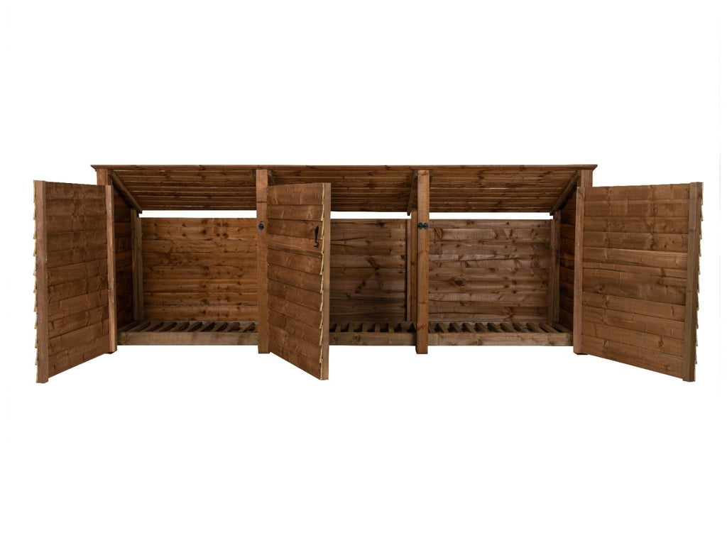 Wooden Log Store (Roof Sloping Back) with Doors W-335cm, H-126cm or 180cm, D-88cm - Brown Finish