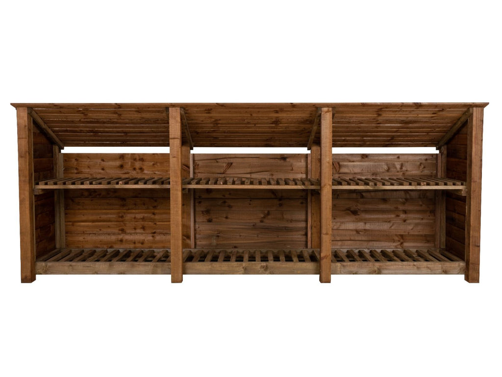 Wooden Log Store (Roof Sloping Back) with Shelf W-335cm, H-126cm or 180cm, D-88cm - Brown Finish