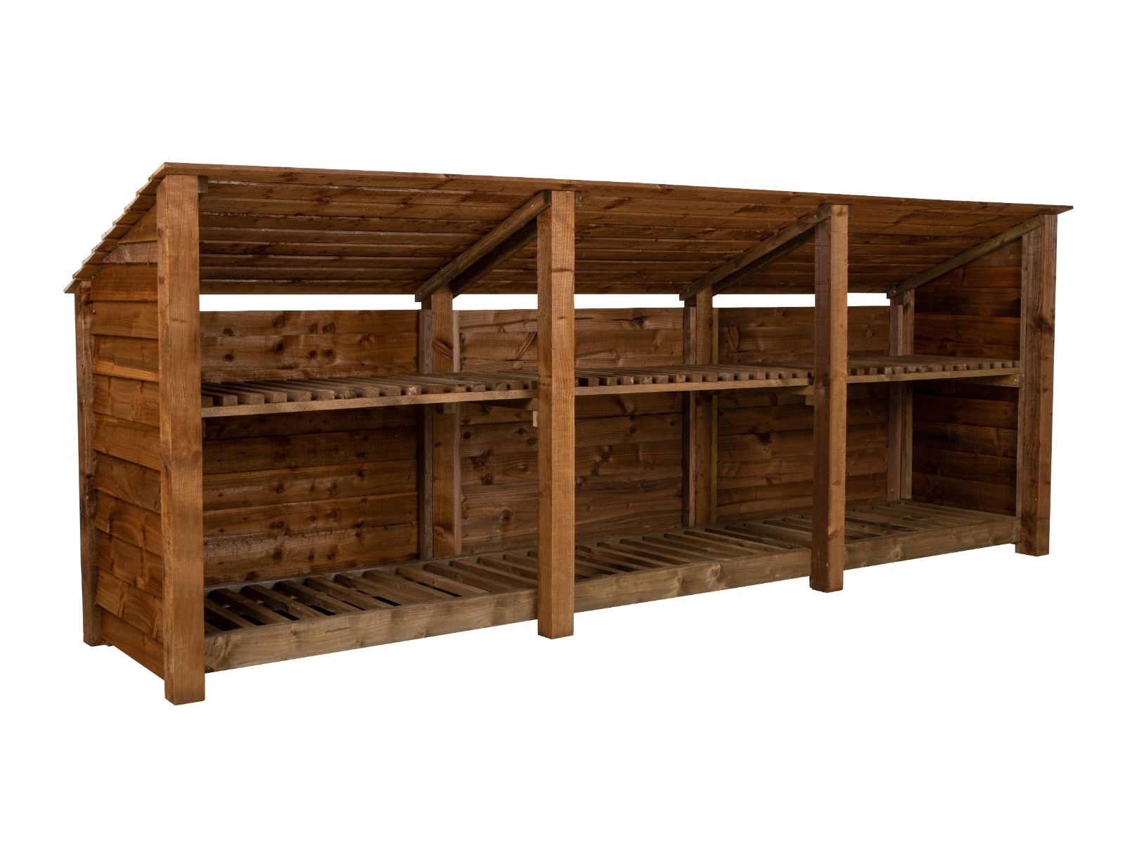 Wooden Log Store (Roof Sloping Back) with Shelf W-335cm, H-126cm or 180cm, D-88cm - Brown Finish