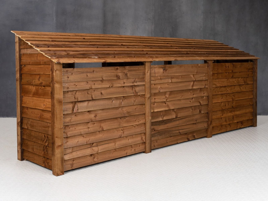 Wooden Log Store (Roof Sloping Back) with Doors and Shelf W-335cm, H-126cm or 180cm, D-88cm - Brown Finish
