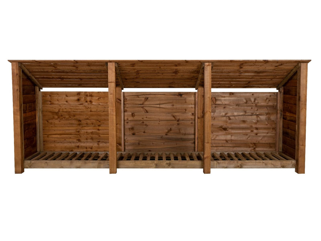 Wooden Log Store (Roof Sloping Back) W-335cm, H-126cm or 180cm, D-88cm - Brown Finish