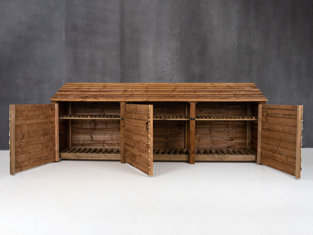 Wooden Log Store with Doors and Shelf W-335cm, H-126cm or 180cm, D-88cm - Brown Finish