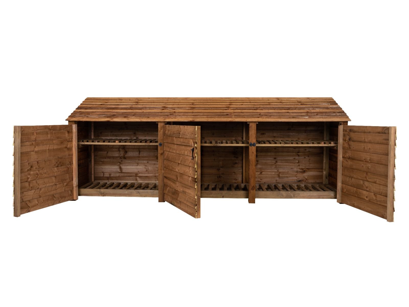 Wooden Log Store with Doors and Shelf W-335cm, H-126cm or 180cm, D-88cm - Brown Finish