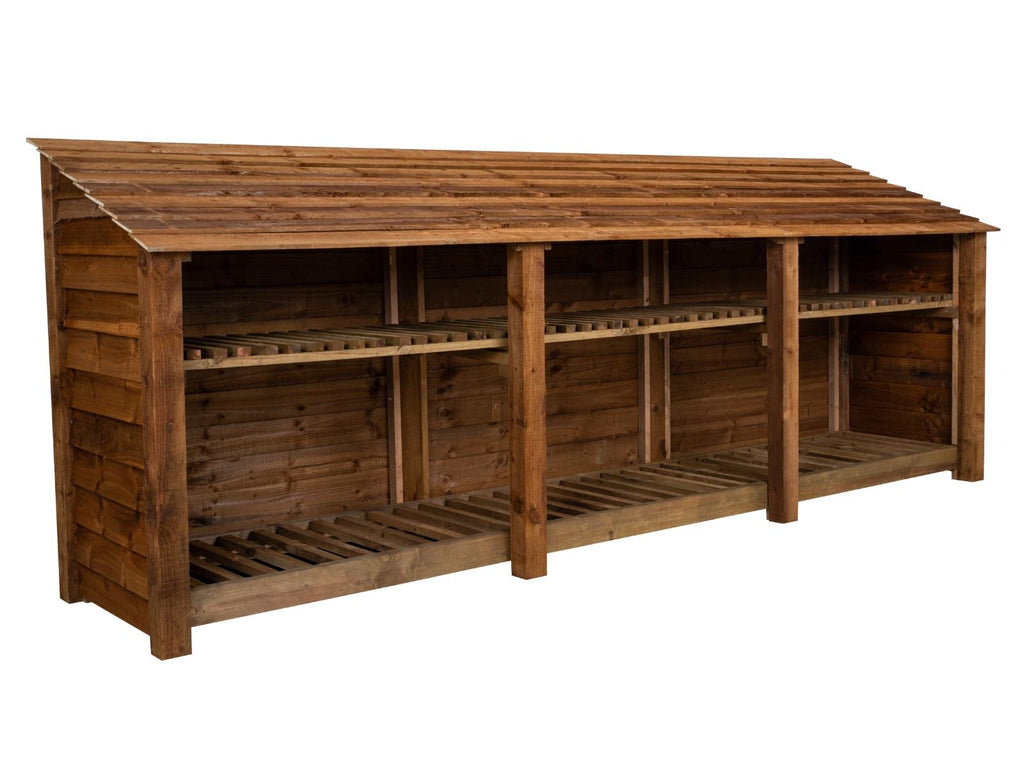 Wooden Log Store with Shelf W-335cm, H-126cm or 180cm, D-88cm - Brown Finish