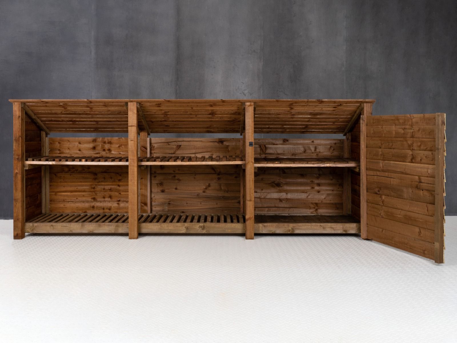 Wooden Garden Tool Storage (Roof Sloping Back) with Shelf W-335cm, H-126cm or 180cm, D-88cm - Brown Finish