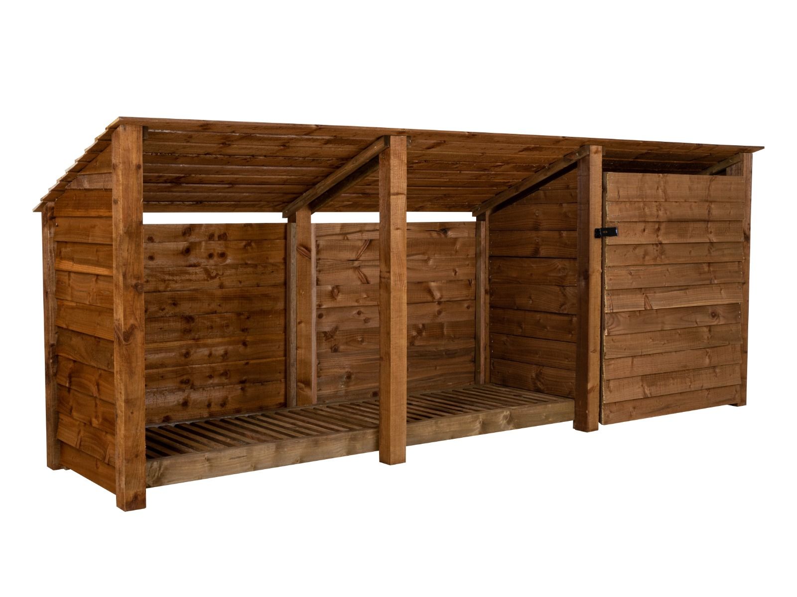 Wooden Garden Tool Storage (Roof Sloping Back) W-335cm, H-126cm or 180cm, D-88cm - Brown Finish