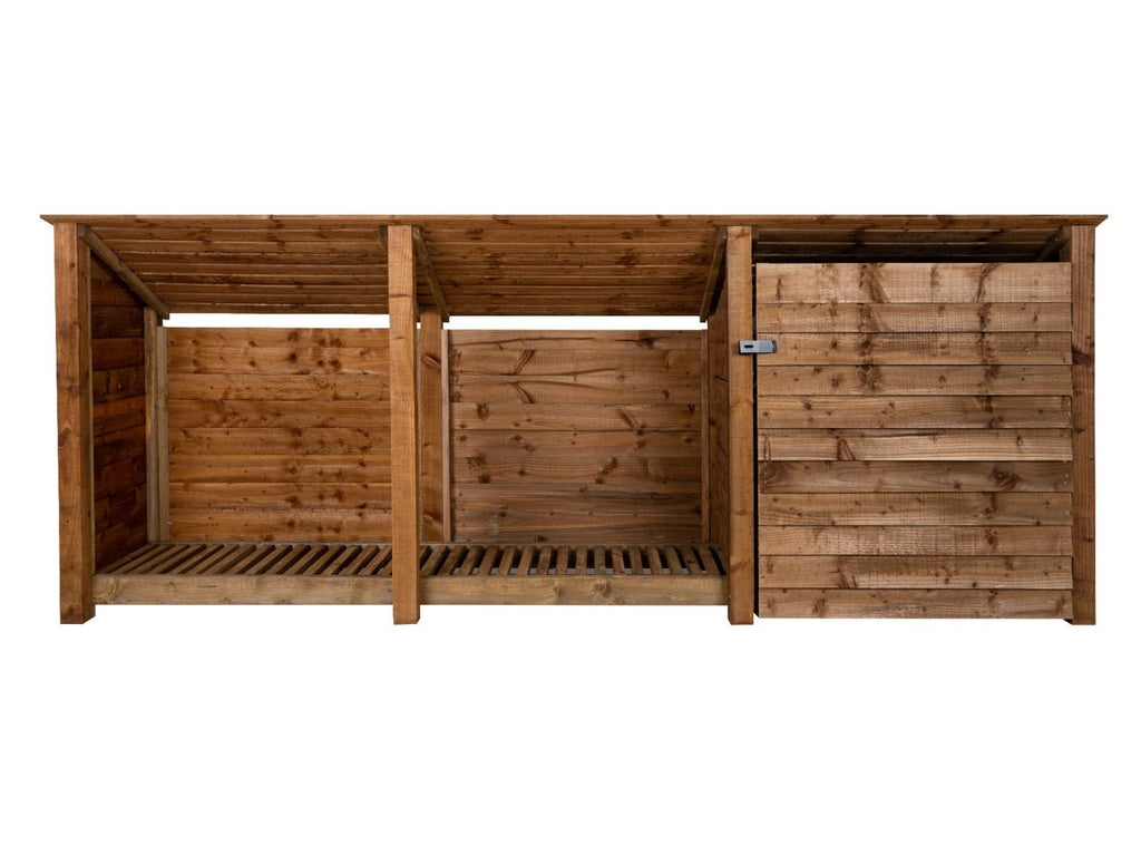Wooden Garden Tool Storage (Roof Sloping Back) W-335cm, H-126cm or 180cm, D-88cm - Brown Finish