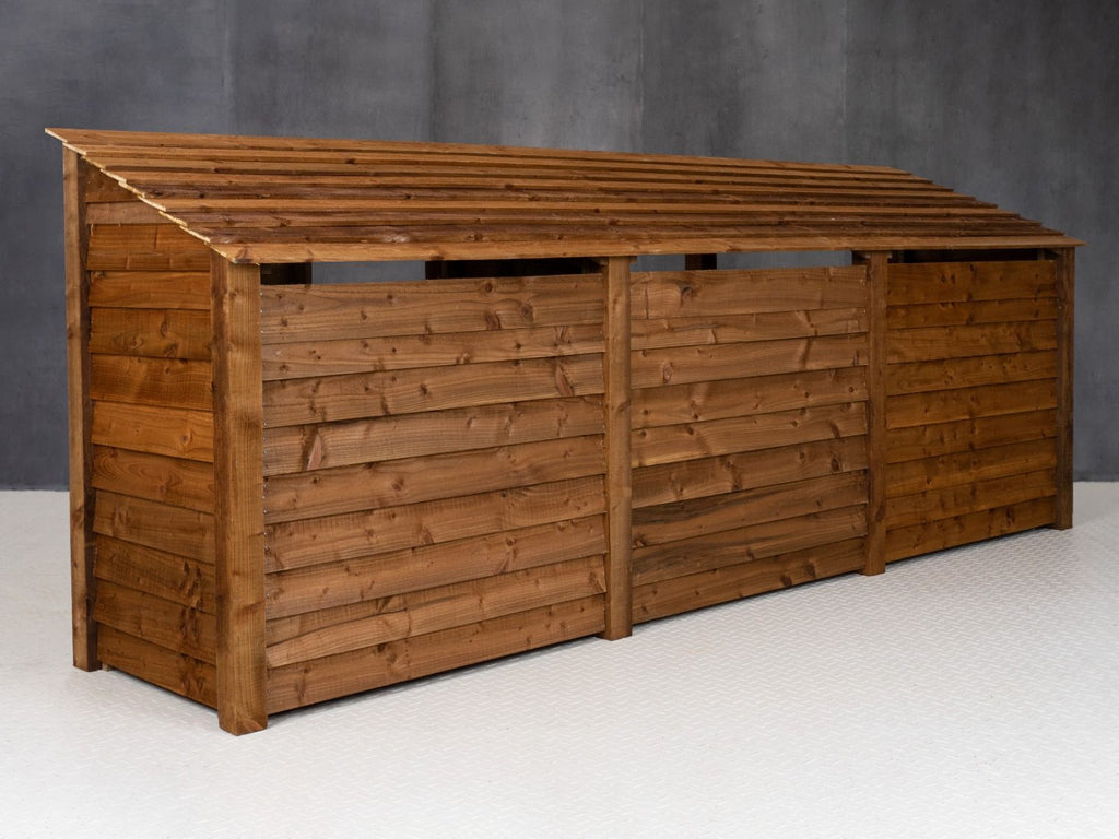 Wooden Garden Tool Storage (Roof Sloping Back) with Shelf W-335cm, H-126cm or 180cm, D-88cm - Brown Finish
