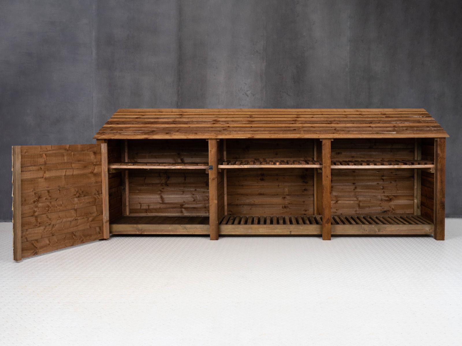 Wooden Garden Tool Storage with Shelf W-335cm, H-126cm or 180cm, D-88cm - Brown Finish