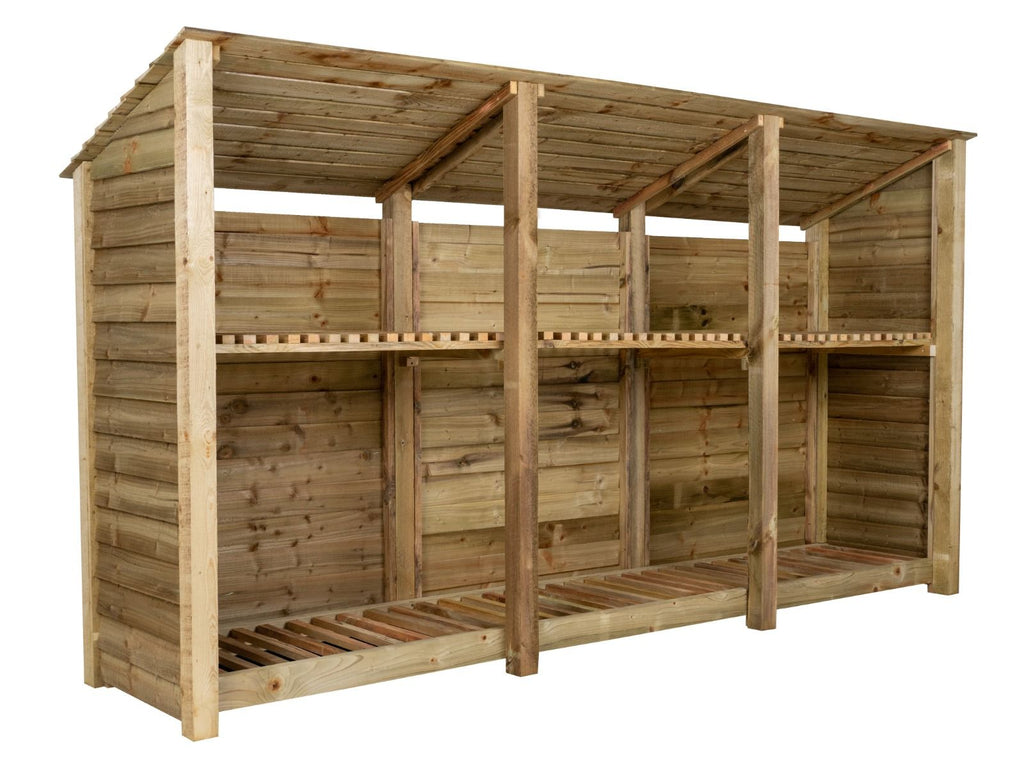 Wooden Log Store (Roof Sloping Back) with Shelf W-335cm, H-126cm or 180cm, D-88cm