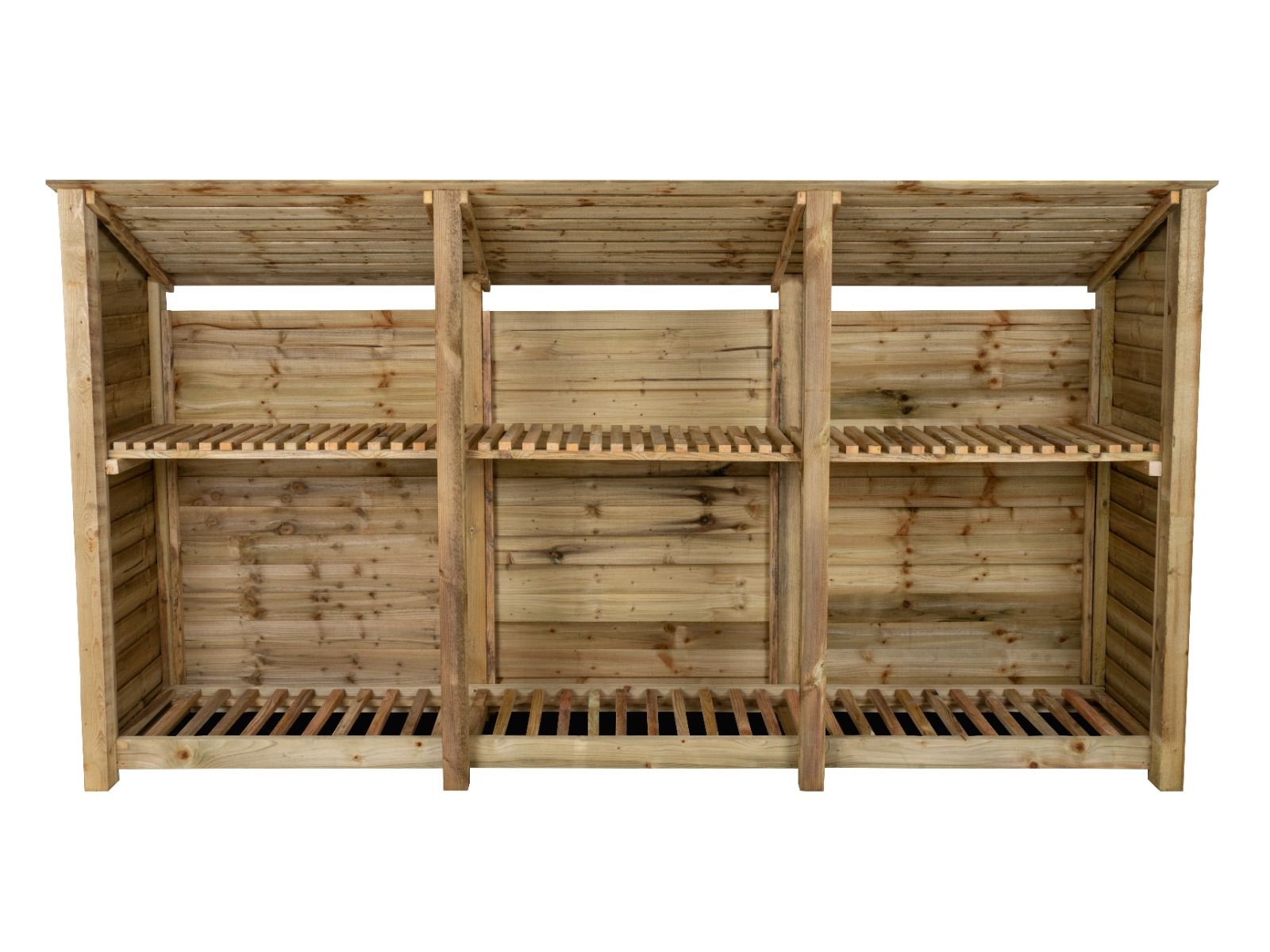 Wooden Log Store (Roof Sloping Back) with Shelf W-335cm, H-126cm or 180cm, D-88cm