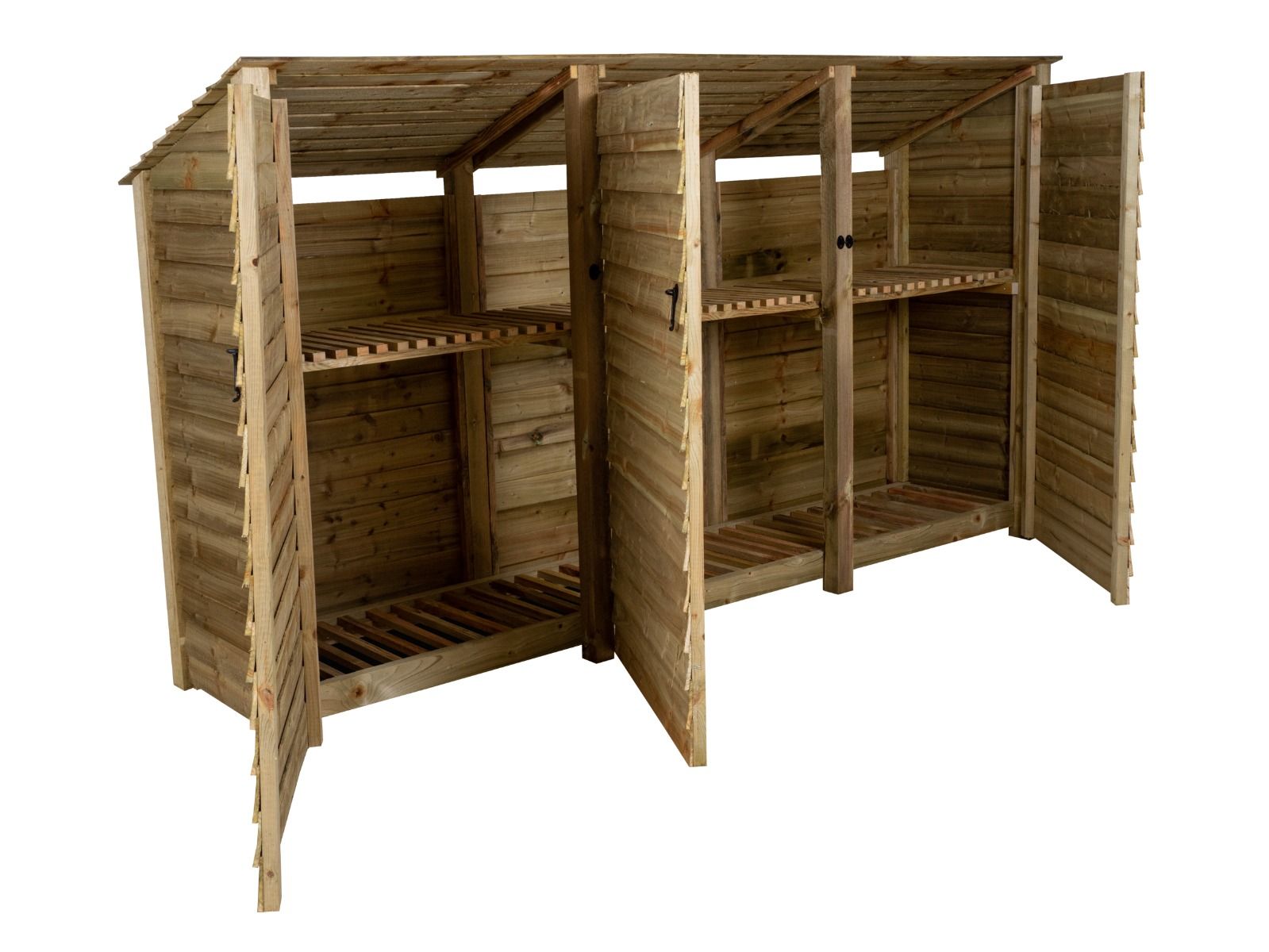 Wooden Log Store (Roof Sloping Back) with Doors and Shelf W-335cm, H-126cm or 180cm, D-88cm