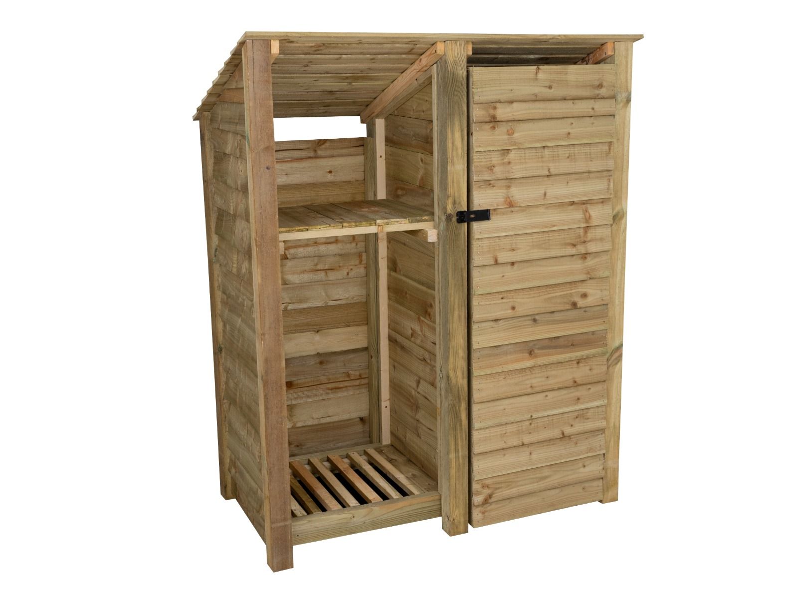 Wooden Garden Tool Storage (Roof Sloping Back) with Shelf W-146cm, H-126cm or 180cm, D-88cm