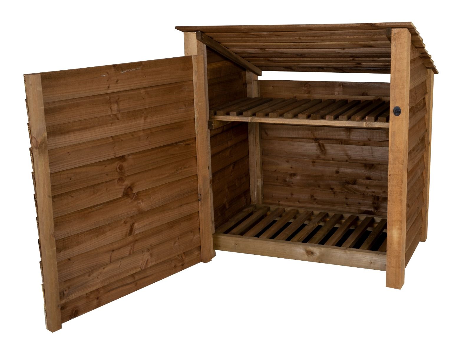 Wooden Log Store (Roof Sloping Back) with Door and Shelf W-119cm, H-126cm or 180cm, D-88cm - Brown Finish