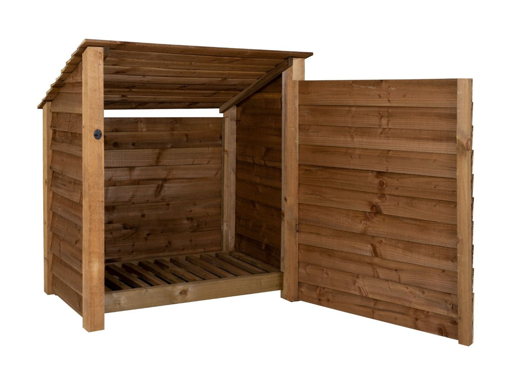 Wooden Log Store (Roof Sloping Back) with Door W-119cm, H-126cm or 180cm, D-88cm - Brown Finish