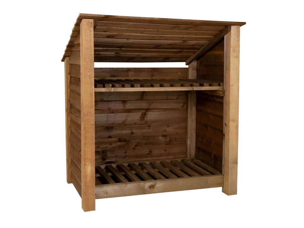 Wooden Log Store (Roof Sloping Back) with Shelf W-119cm, H-126cm or 180cm, D-88cm - Brown Finish